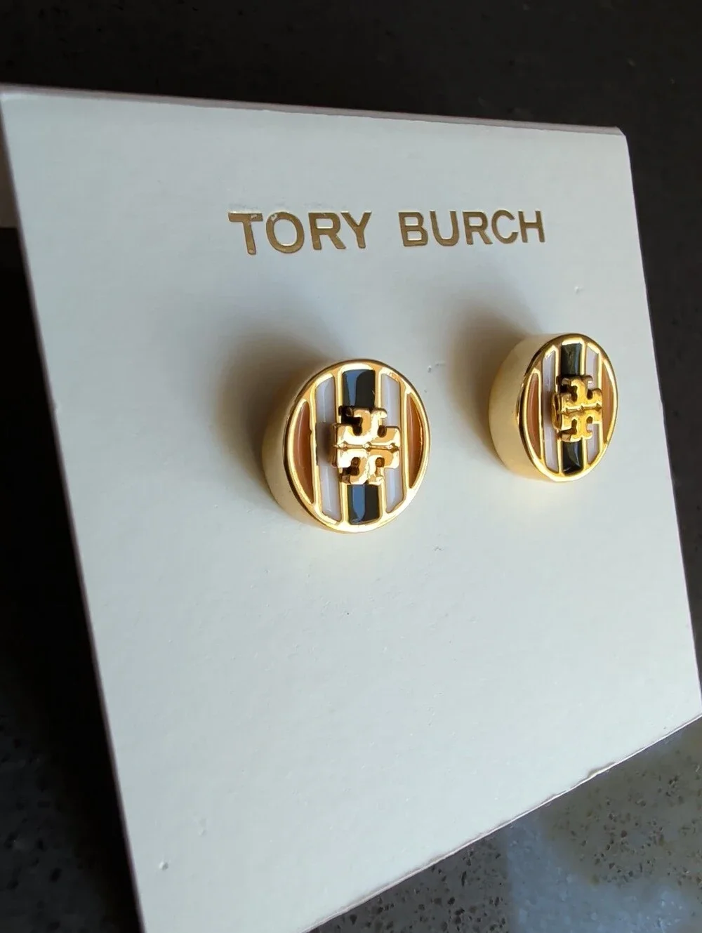 Tory Burch Black White & Gold Stud Earrings Pierced Logo NEW - W50